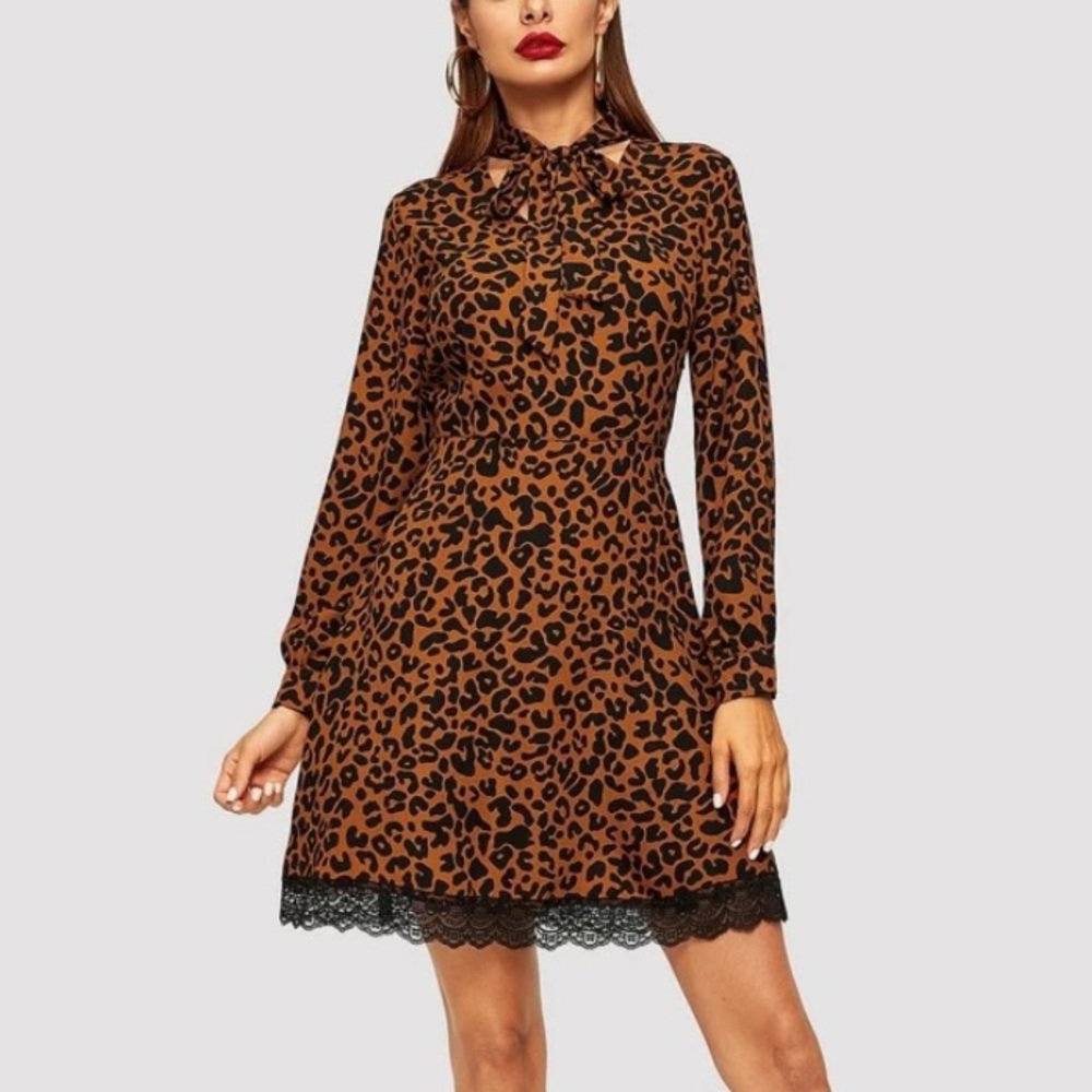 Leopard Tie Neck Lace Panel Dress